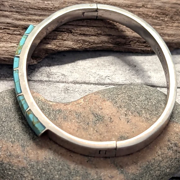 Taxco Vintage Turquoise Inlay Sterling Hallmarked & Stamped .925 Hinged Bracelet